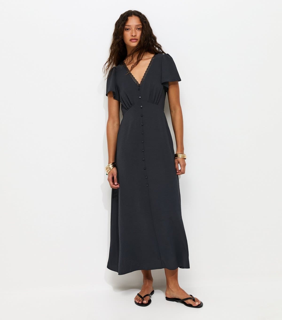 New Look Women's Black Lace Trim Midi Tea Dress New Look