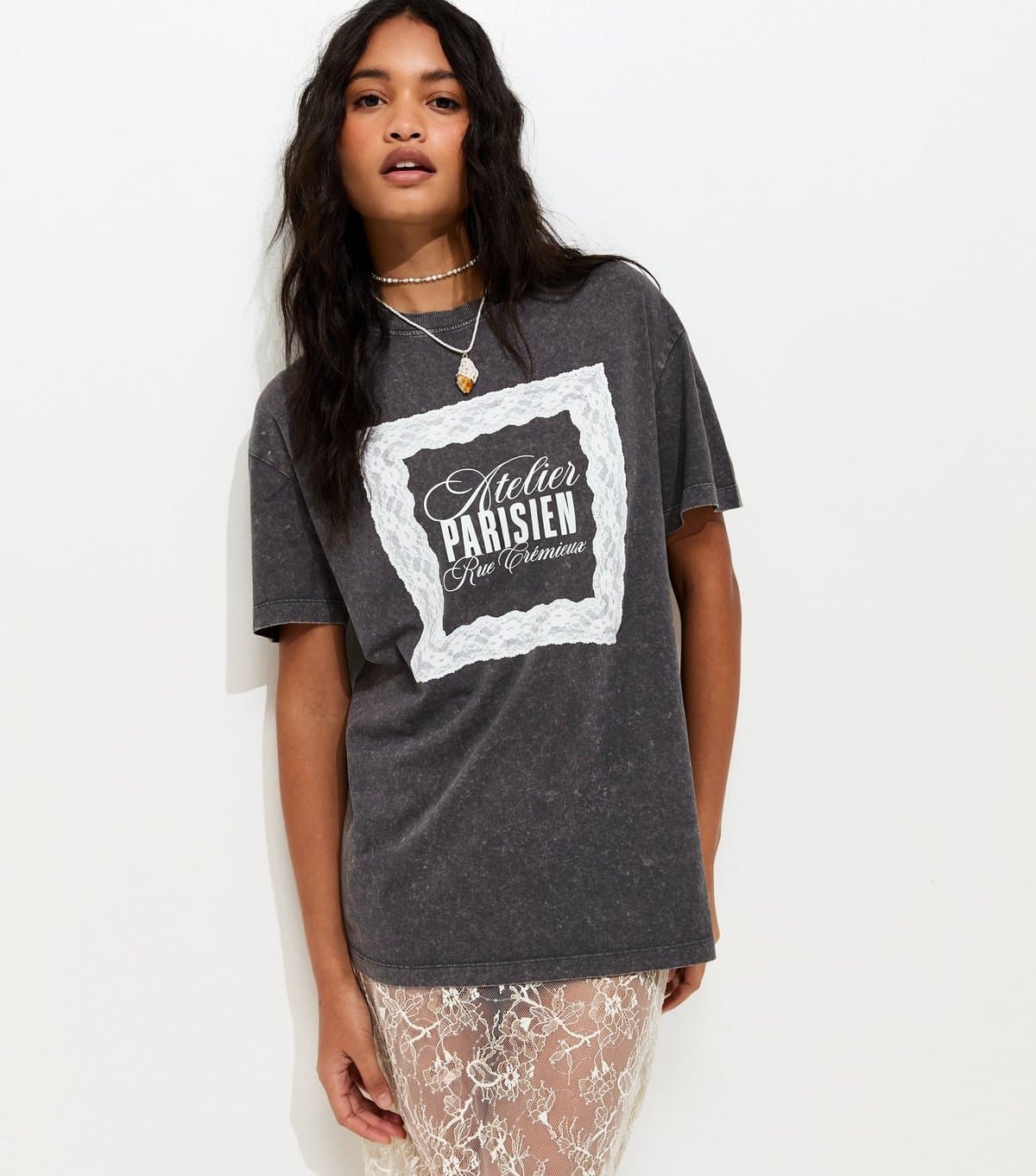 New Look Women's Dark Grey Cotton Atelier Parisien Oversized T-Shirt New Look