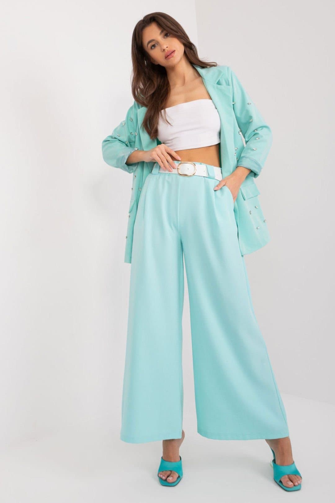 Love Lace Love Lace Women's Italian High Waist Palazzo Pants with Pockets in Aqua