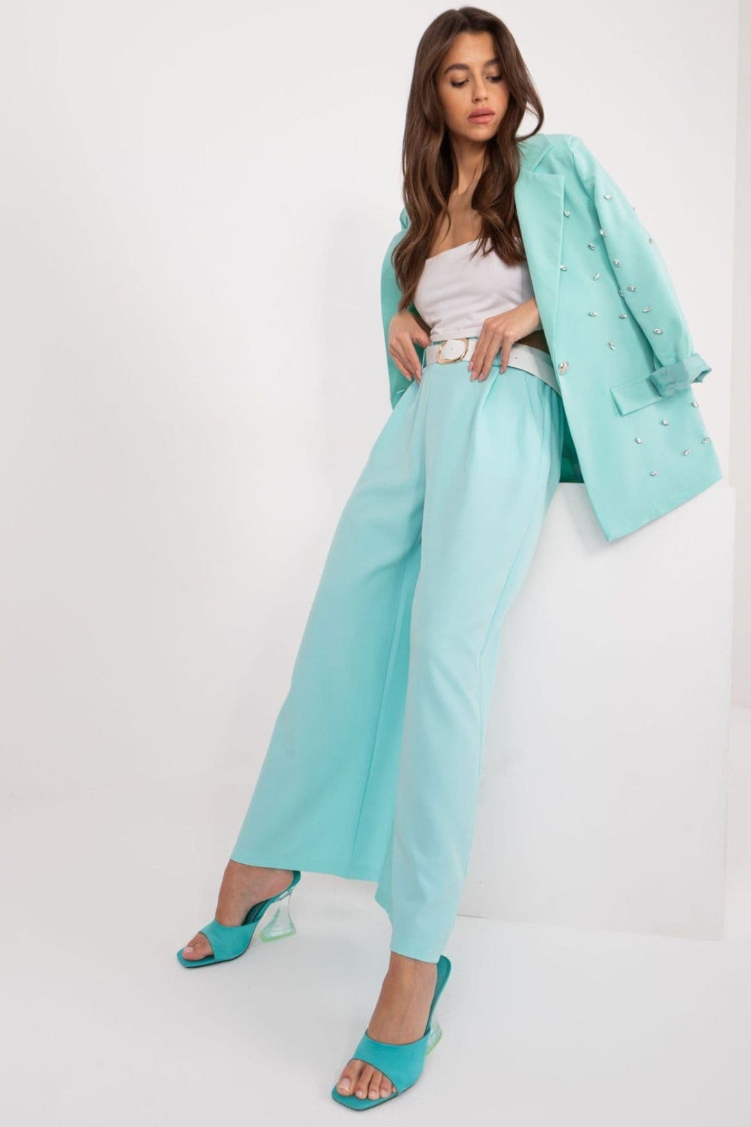 Love Lace Love Lace Women's Italian High Waist Palazzo Pants with Pockets in Aqua - 4