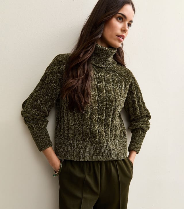 New Look Women's Light Khaki Chenille Cable Knit Roll Neck Jumper New Look - 2