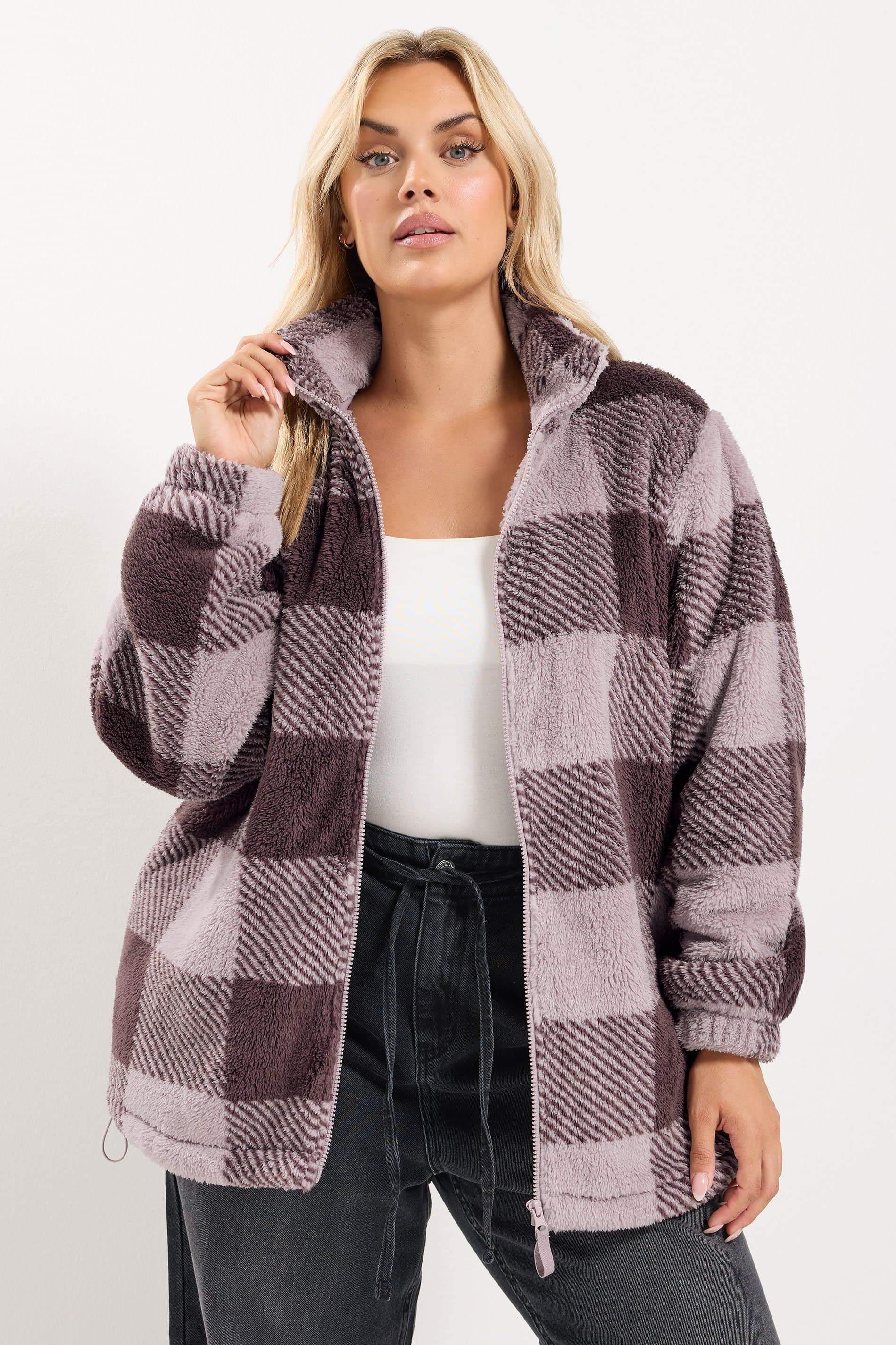 Yours Plus Size Purple Checkered Print Zip Through Fleece
