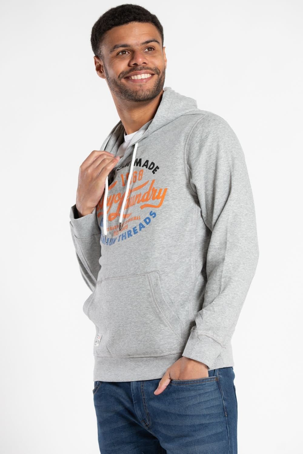 Tokyo Laundry Tokyo Laundry Men's Kangaroo Pocket Drawstring Printed Hoody in Light Grey