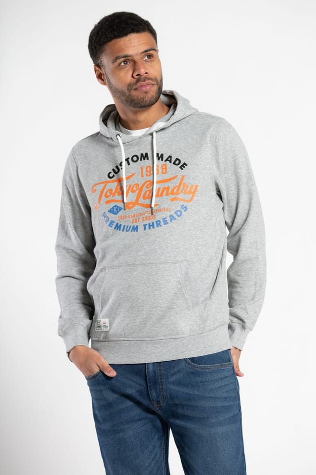 Tokyo Laundry Tokyo Laundry Men's Kangaroo Pocket Drawstring Printed Hoody in Light Grey - 3