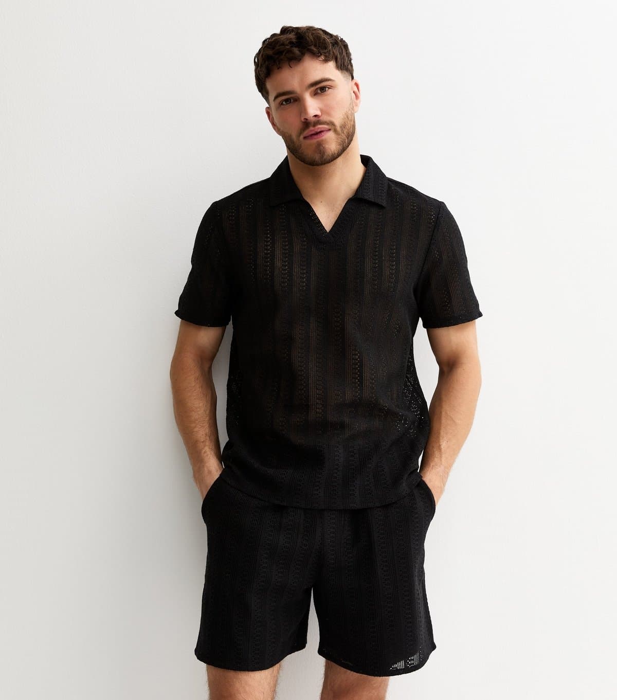 New Look Men's Black Regular Crochet Drawstring Shorts New Look