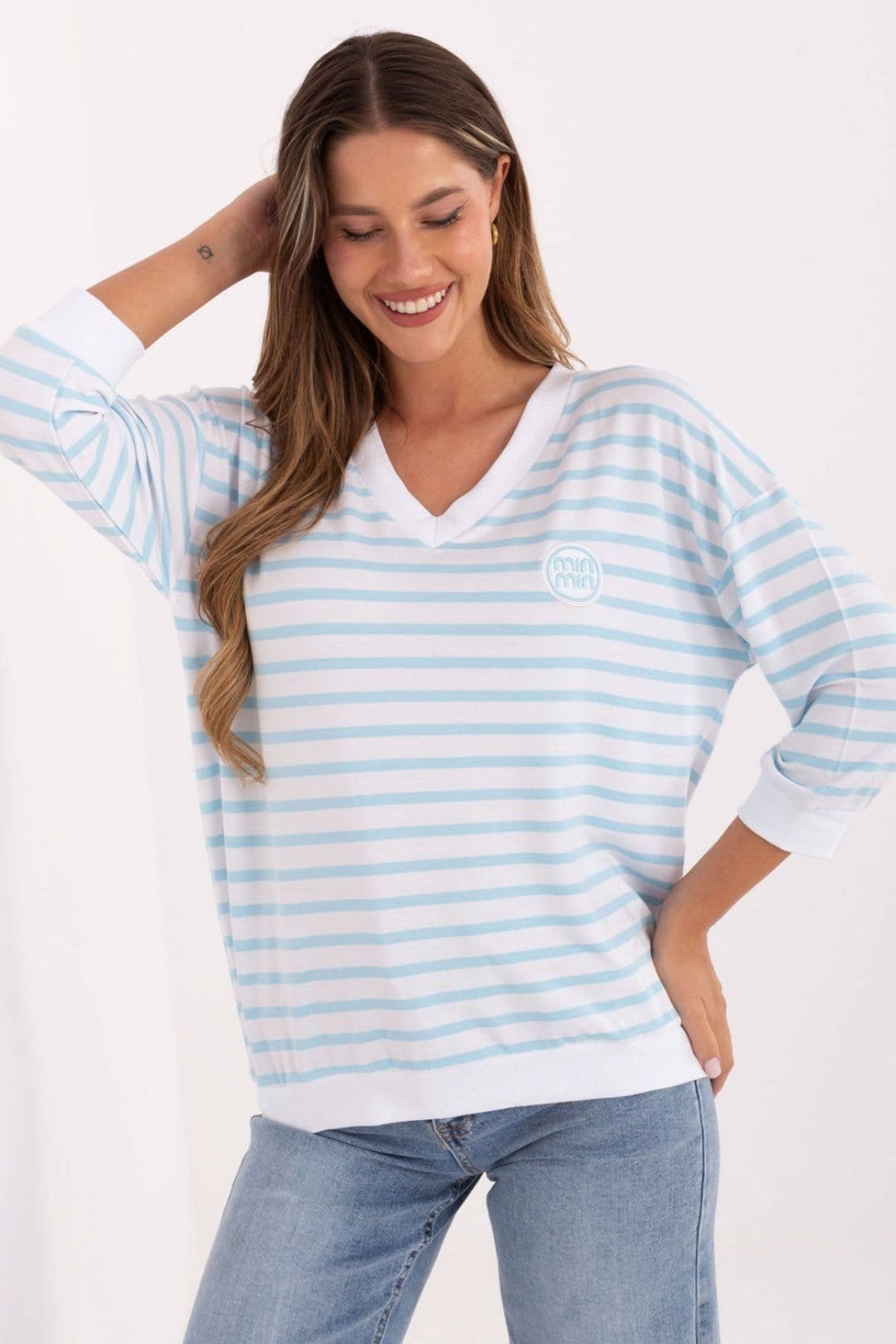 Love Lace Blue Striped Modal V-Neck Blouse