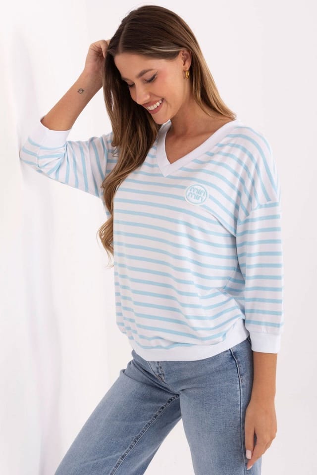 Love Lace Love Lace Women's Casual Striped Modal V Neck Front Patch Blouse in Blue - 2