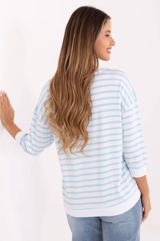 Love Lace Love Lace Women's Casual Striped Modal V Neck Front Patch Blouse in Blue - 3