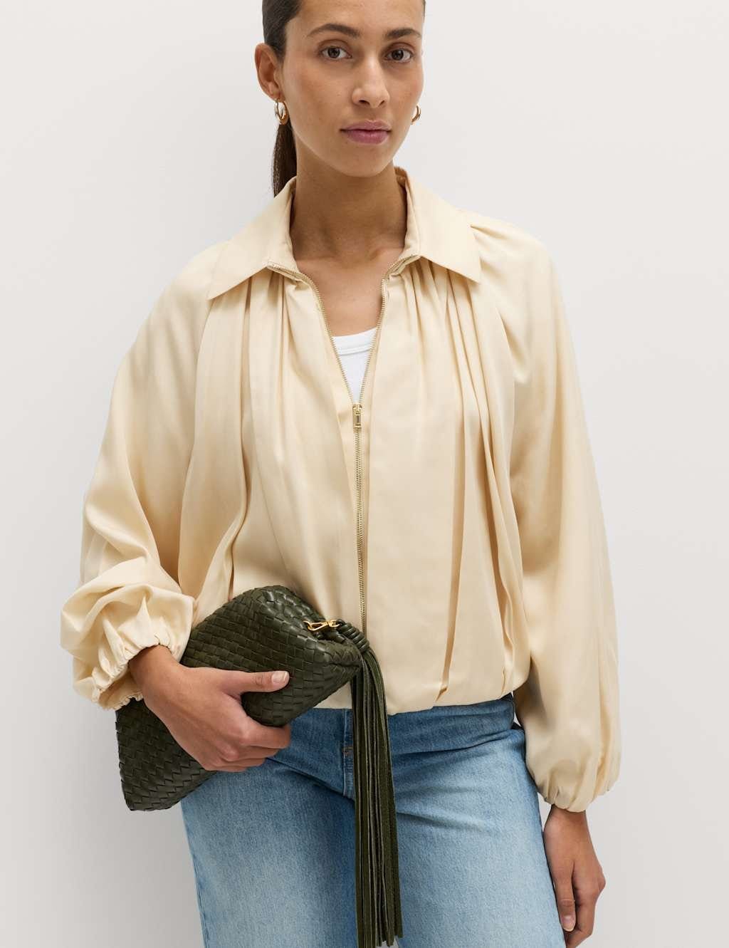 Marks & Spencer M&S Pure Lycocell Pleated Bomber Jacket Ivory - 1