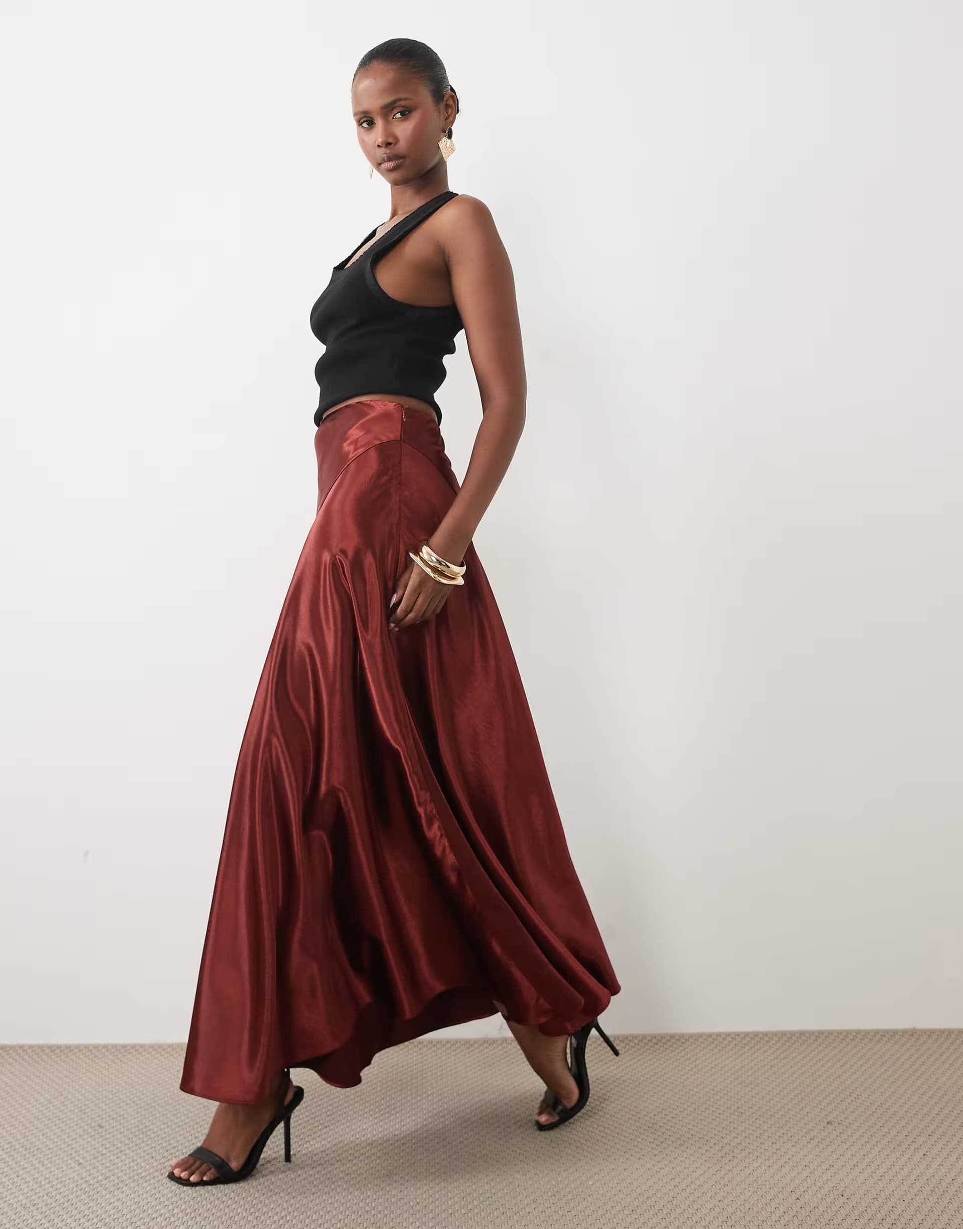 ASOS Bardot satin high waist maxi skirt in rust