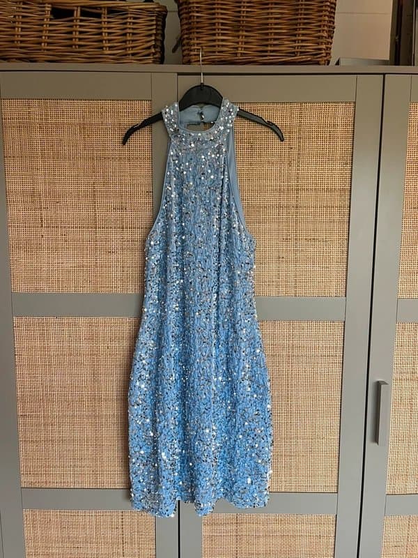 New Look Sequined blue and silver halter neck dress