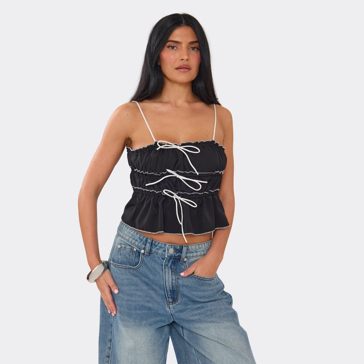 EGO Strappy Ruched Contrast Bow Detail Peplum Top In Black., Women's Size UK 10 - 1