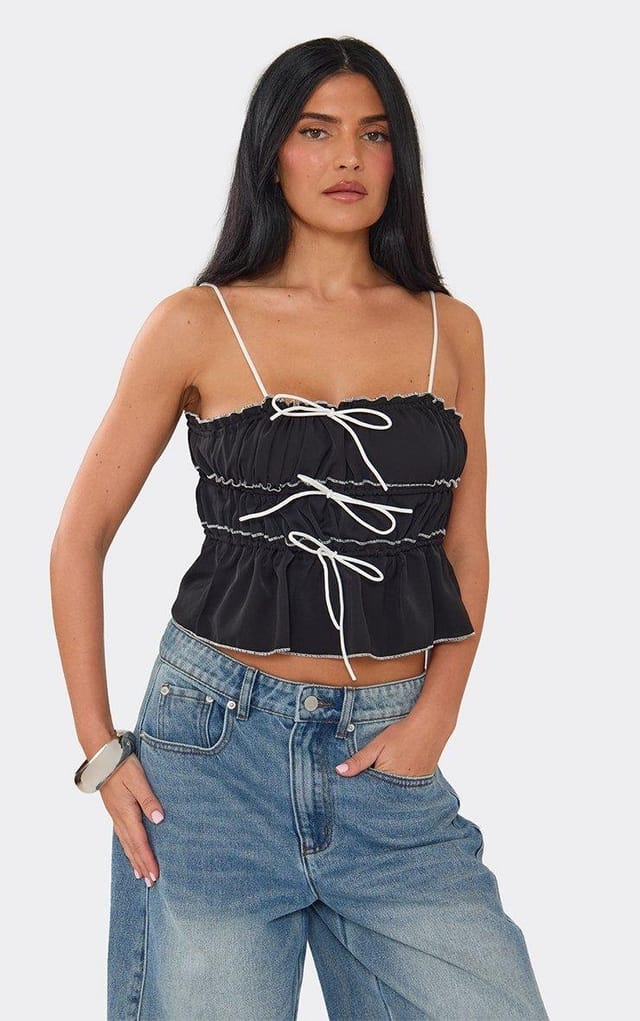 EGO Strappy Ruched Contrast Bow Detail Peplum Top In Black., Women's Size UK 10 - 2