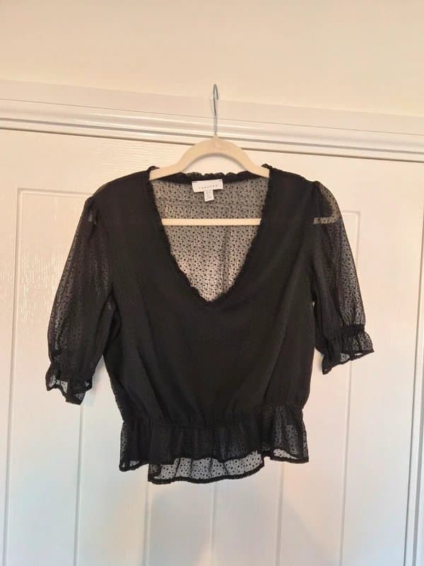 Topshop Black Chiffon Dot Blouse Top - size 10