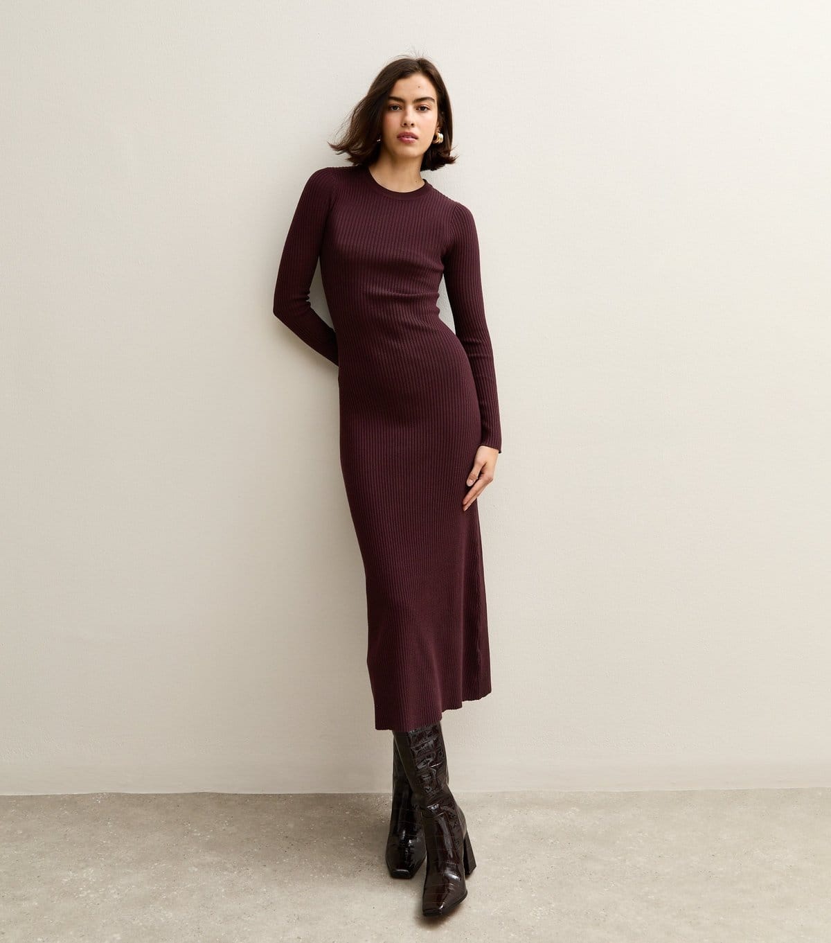 New Look Dark Burgundy Ribbed Knit Midi Dress