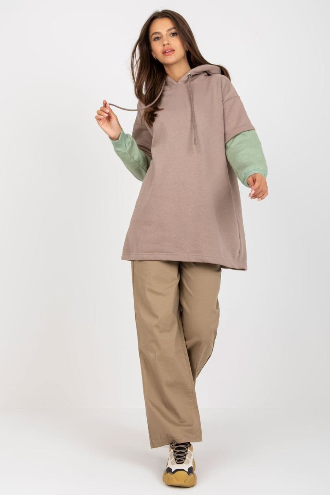 Love Lace Love Lace Women's Extended Cut Long Sleeve Hooded Sweatshirt in Taupe