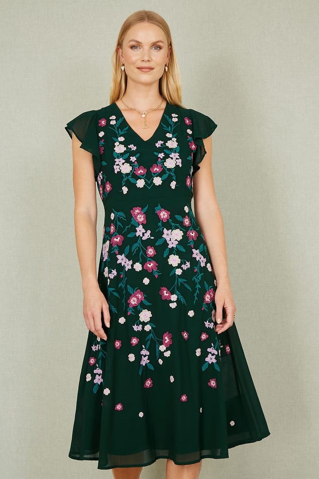 Yumi Yumi Women's Green All Over Floral Embroidery Midi Skater Dress - 2