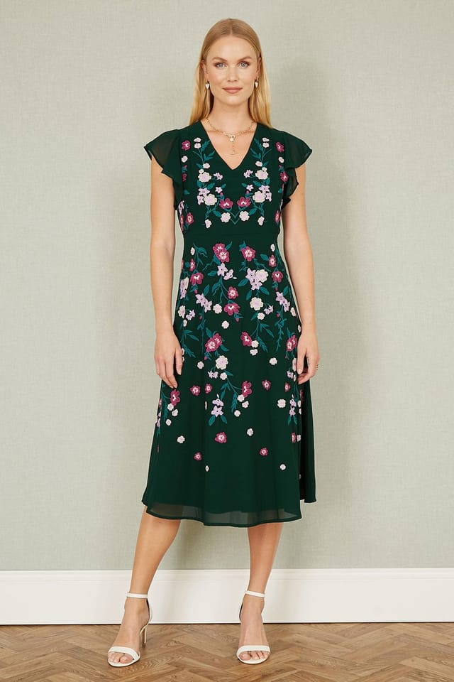 Yumi Yumi Women's Green All Over Floral Embroidery Midi Skater Dress - 3