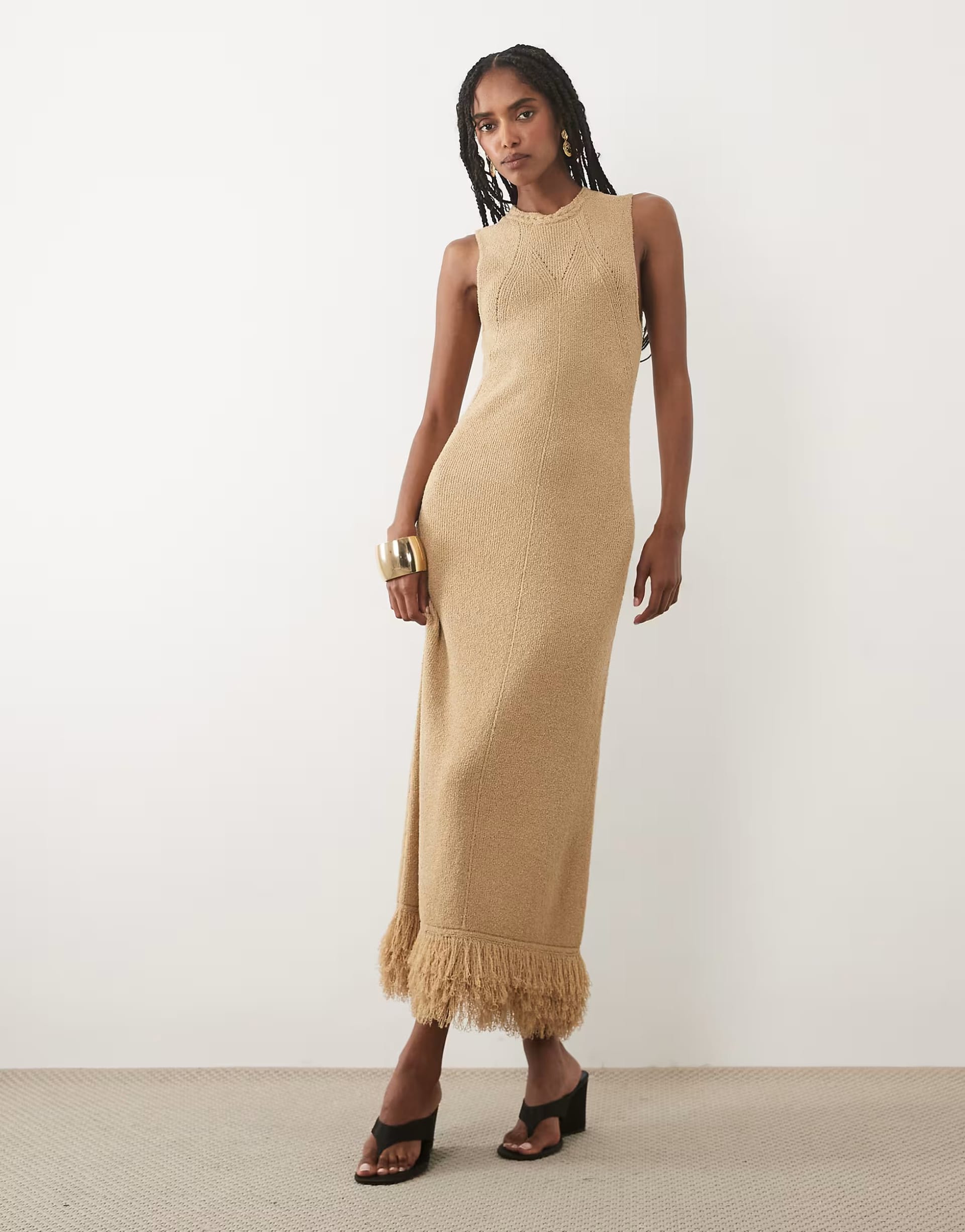 ASOS Taupe Knitted Sleeveless Racer Neck Tassel Hem Maxi Dress