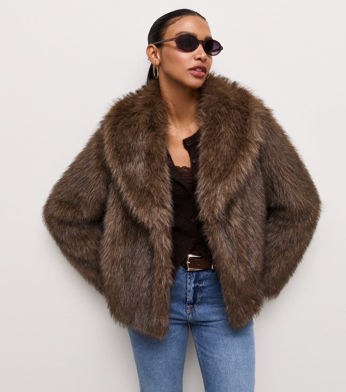 New Look Women's Brown Faux Fur Shawl Collar Jacket New Look