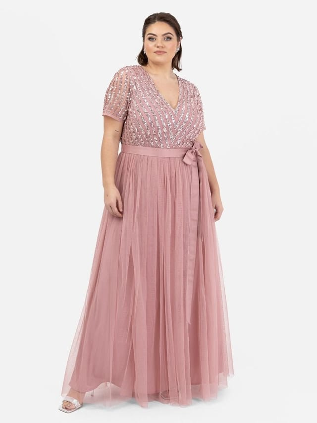 Maya Deluxe Maya Deluxe Women's Belted Stripe Embellished Maxi Dress in Dusty Pink - 2