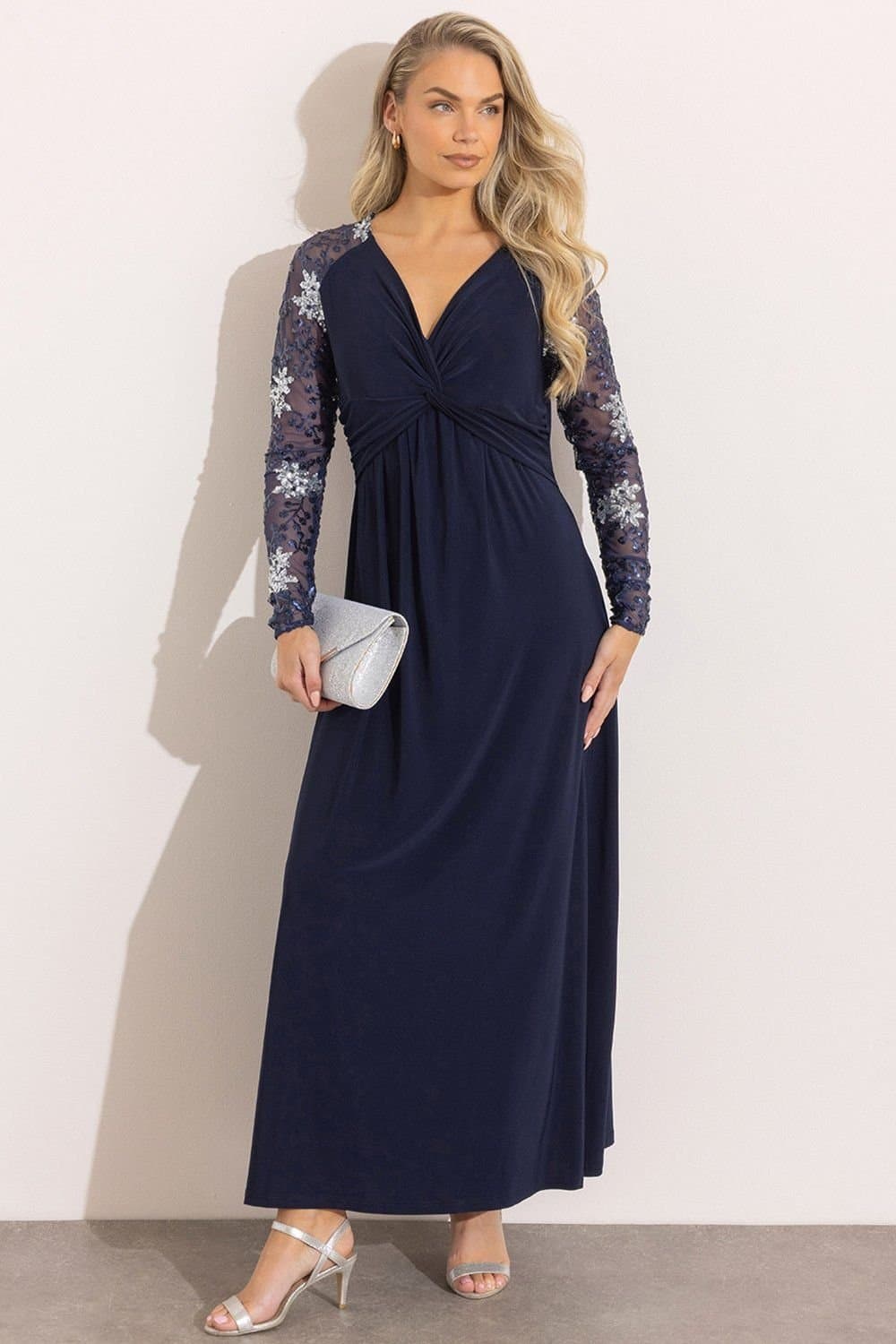 Klass. Klass. Women's Embellished Long Sleeve Maxi Dress in Dark Blue