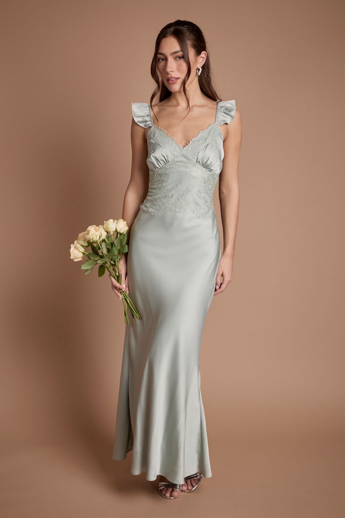 Coast Coast Women's Lace Trim Cami Button Bridesmaid Maxi Dress in Sage