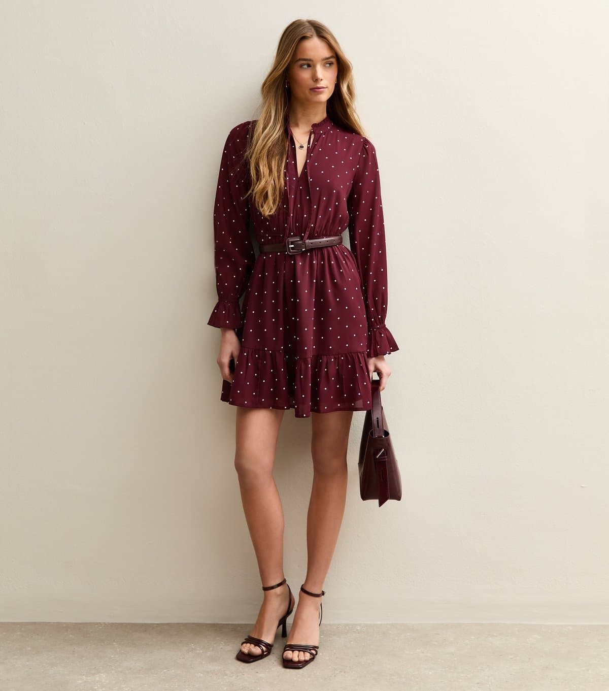 New Look Women's Red Chiffon Polka Dot Tie Neck Mini Dress New Look