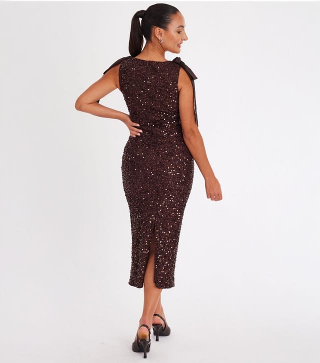 Quiz Women's Petite Brown Sequin Bows Ruched Midaxi Dress Quiz New Look - 3