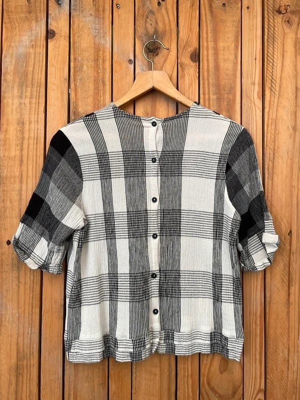 Topshop Vintage Y2K Topshop short sleeved T-shirt top with cream black check cheese cloth UK 12-14