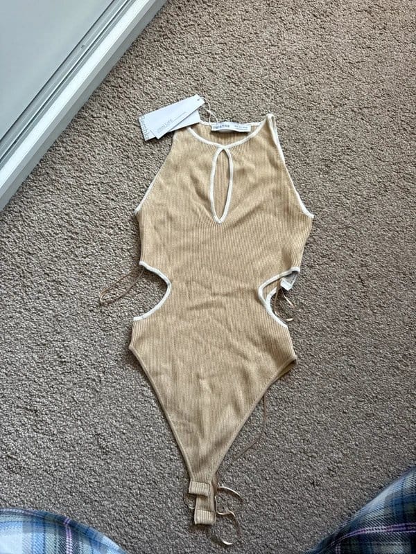 Bershka Beige Ribbed Cut-Out Bodysuit