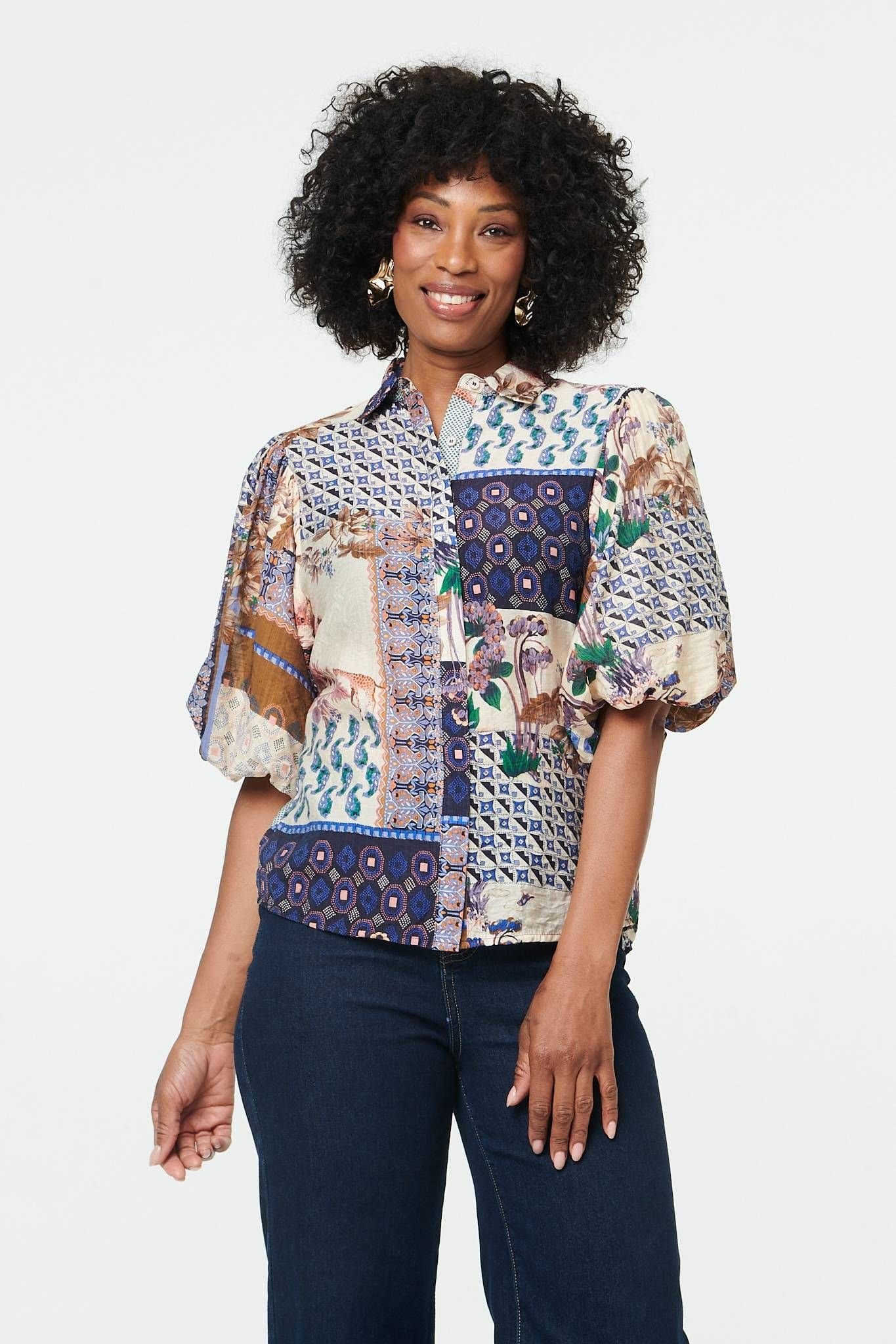 Izabel London Izabel London Women's Patchwork 1/2 Puff Sleeve Blouse in Navy