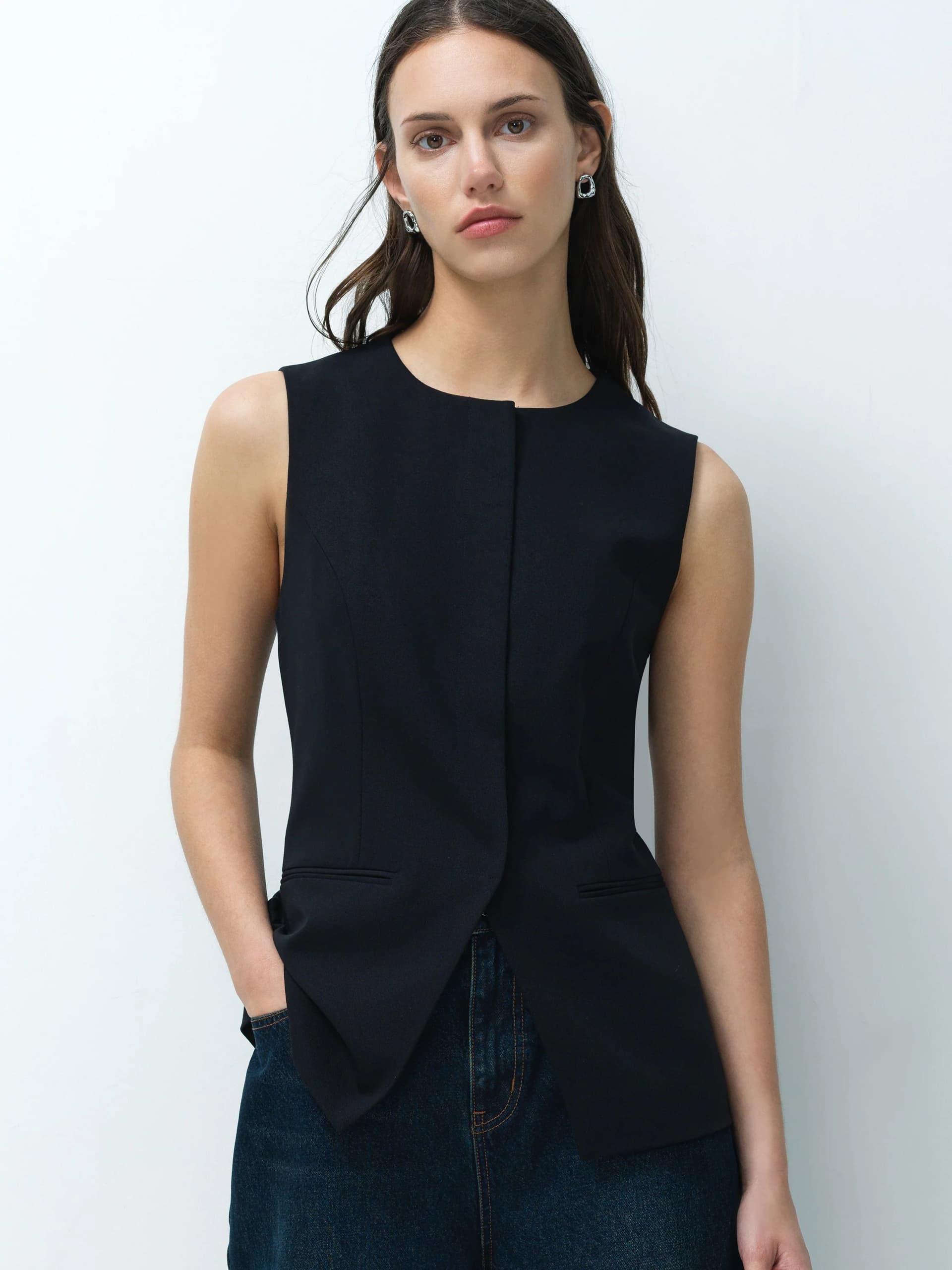 French Connection Izzie Black Tailored Longline Waistcoat Black