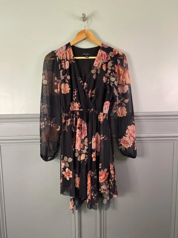 New Look Fabulous boho dark floral floaty Dress Uk8 mesh overlay CM005