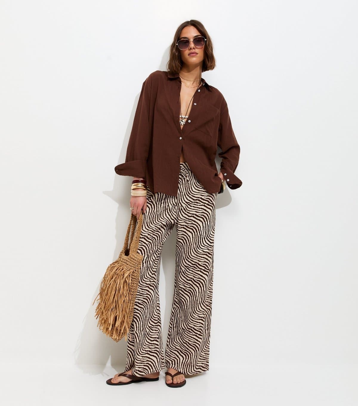 New Look Women's Brown Zebra Print Crinkle Texture Wide Leg Trousers New Look