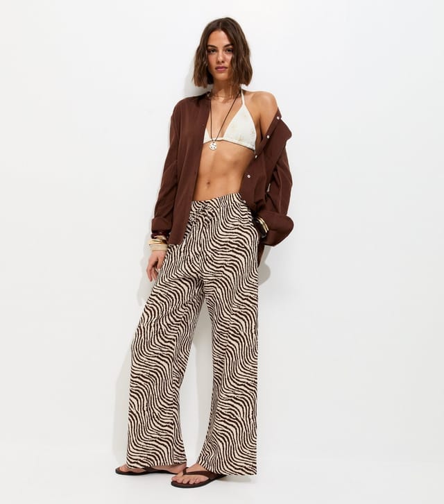 New Look Women's Brown Zebra Print Crinkle Texture Wide Leg Trousers New Look - 3