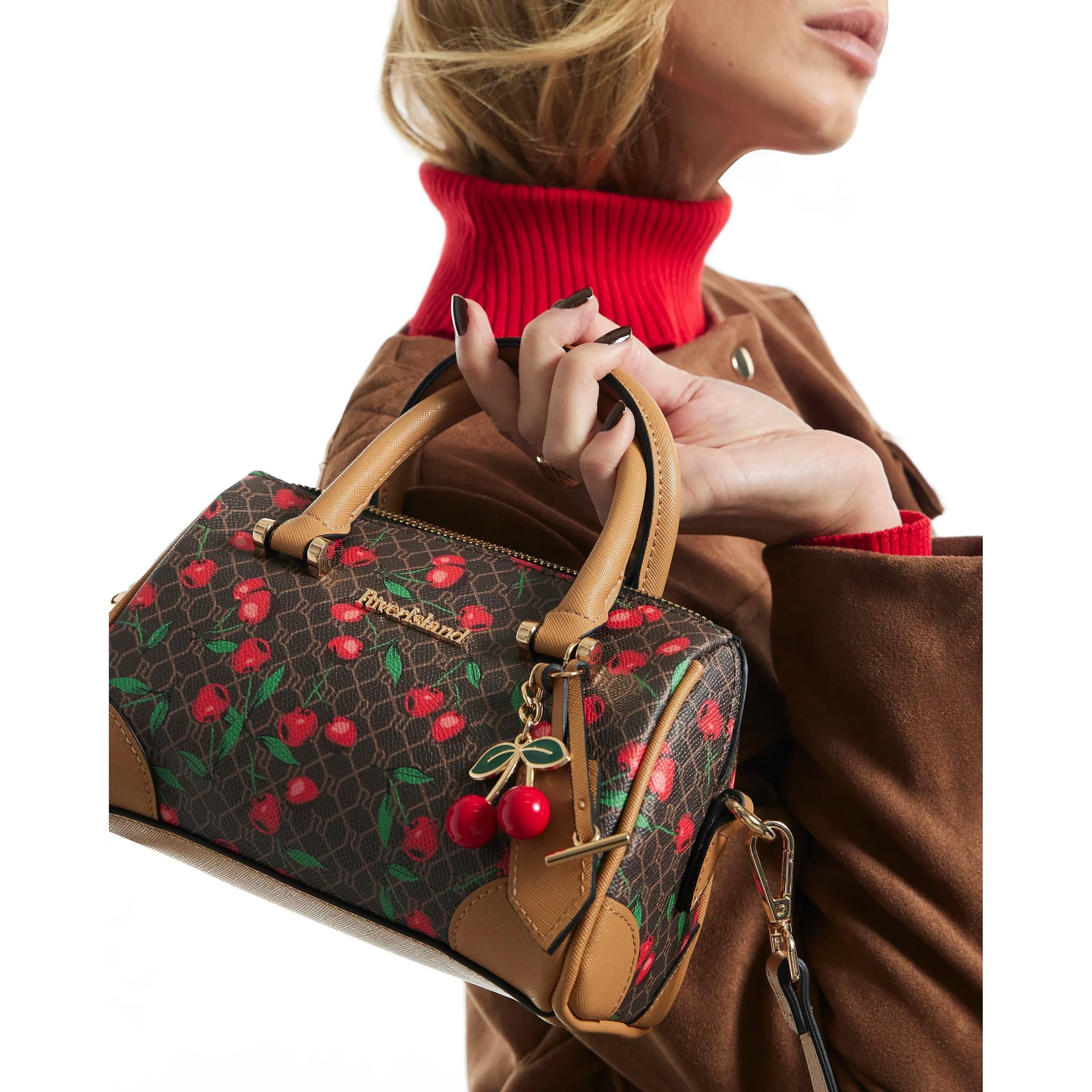 River Island River Island Womens Brown Cherry Monogram Bowler Bag