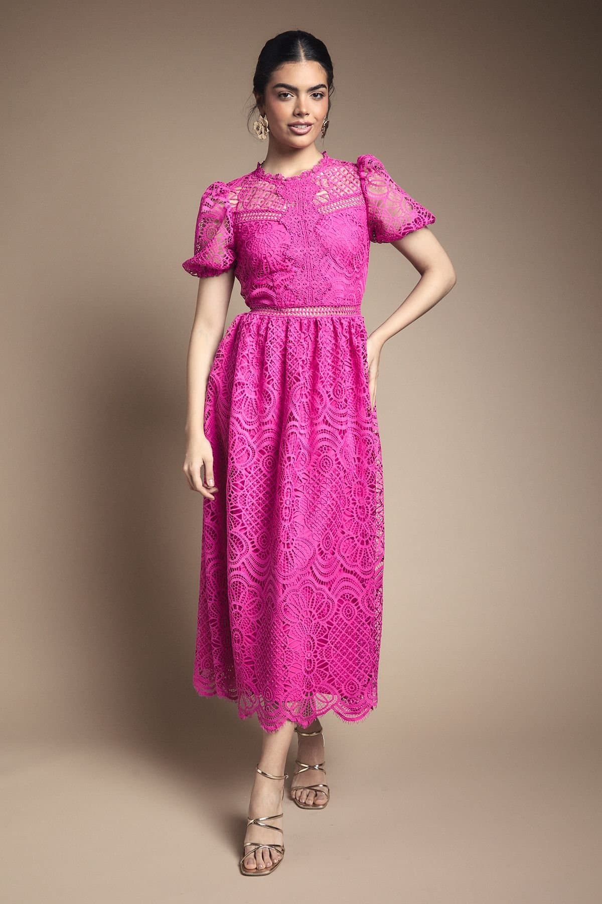 Oasis Oasis Women's Lace Puff Sleeve Fit & Flare Midi Dress in Violet