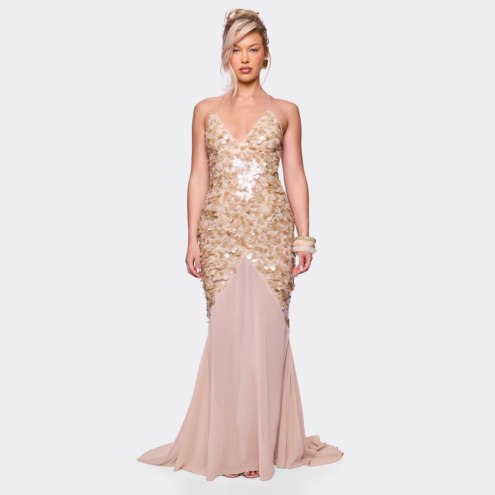 EGO Plunge Neck Contrast Mesh Detail Maxi Dress In Taupe Sequin, Women's Size UK 6