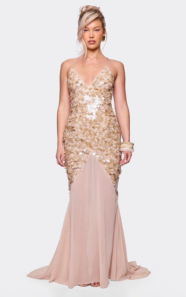 EGO Plunge Neck Contrast Mesh Detail Maxi Dress In Taupe Sequin, Women's Size UK 6 - 2