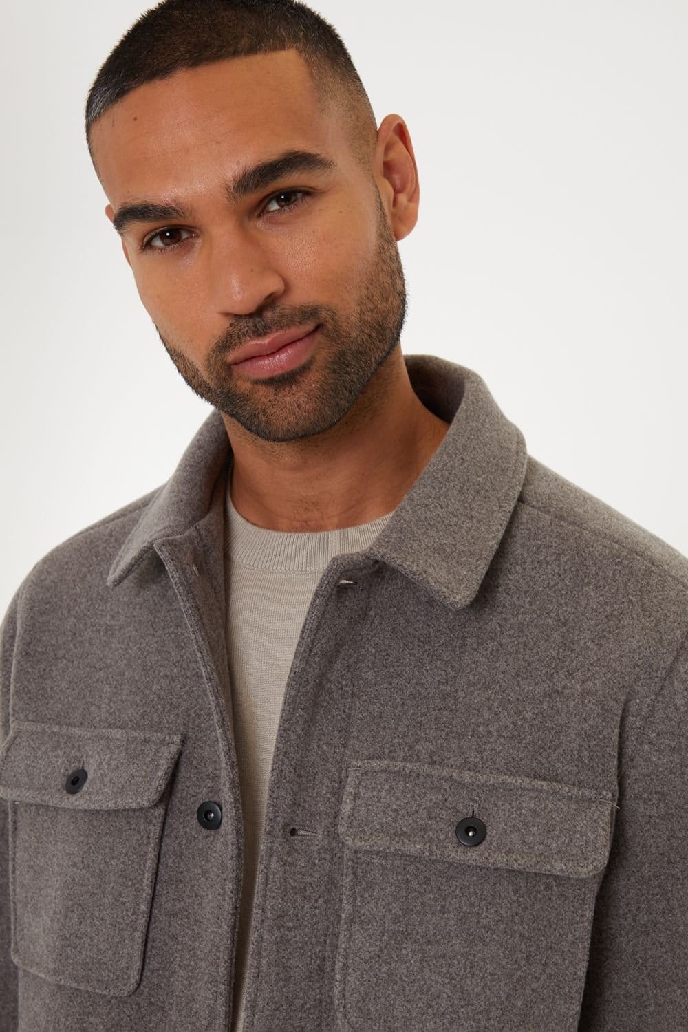 Threadbare Threadbare Men's 'Crunch' Brushed Button Up Shacket in Taupe - 4