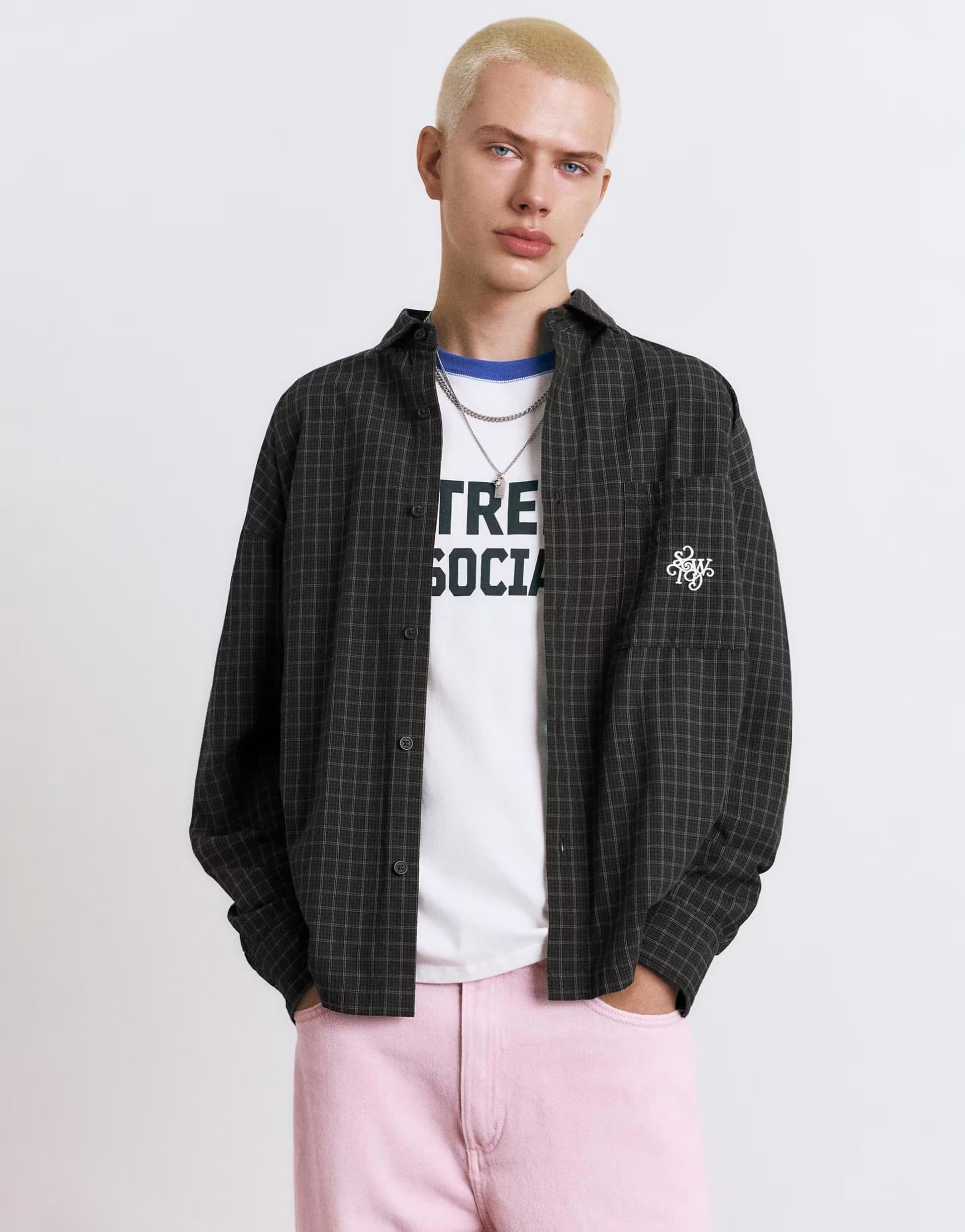 ASOS Pull&Bear Stwd embroidered plaid shirt in black