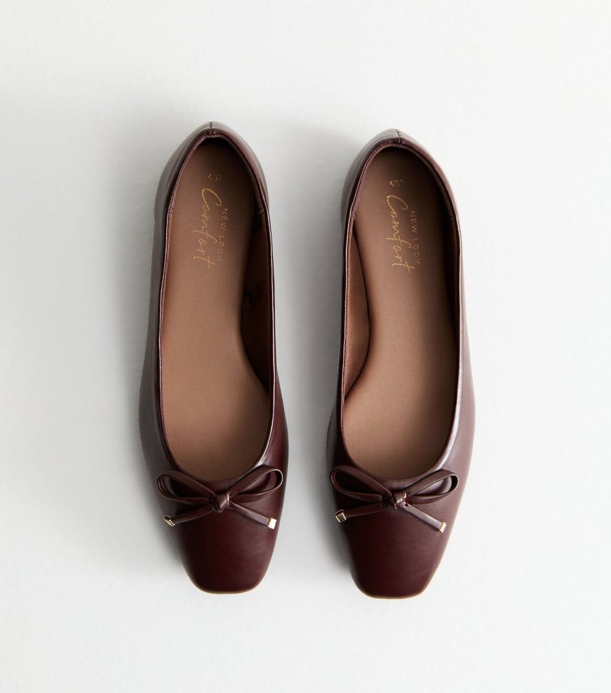 New Look Women's Burgundy Faux Leather Square Toe Ballerina Flats Vegan New Look