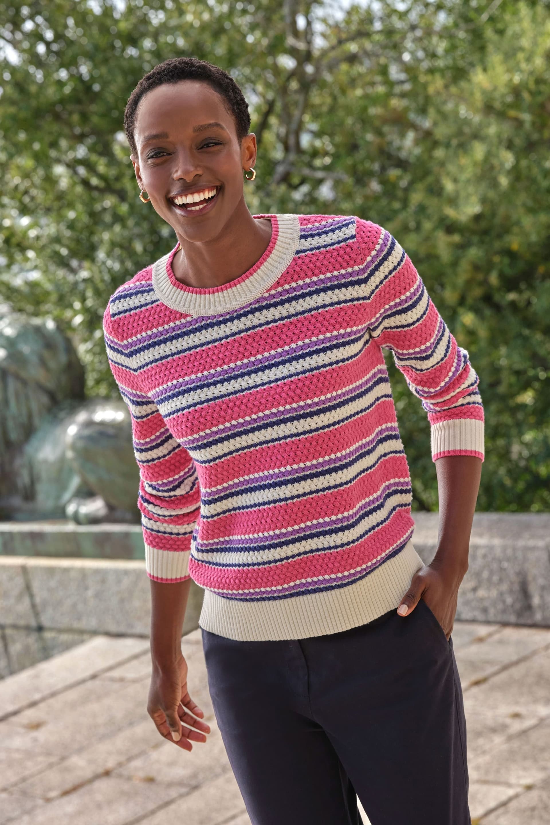 Pure Collection Pure Collection Women's Cotton Textured Stripe Sweater in Dark Pink