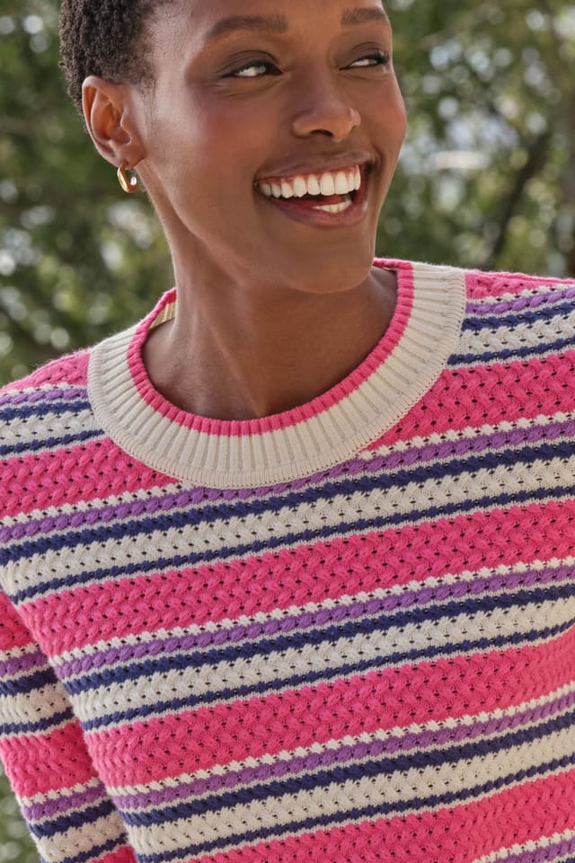 Pure Collection Pure Collection Women's Cotton Textured Stripe Sweater in Dark Pink - 2
