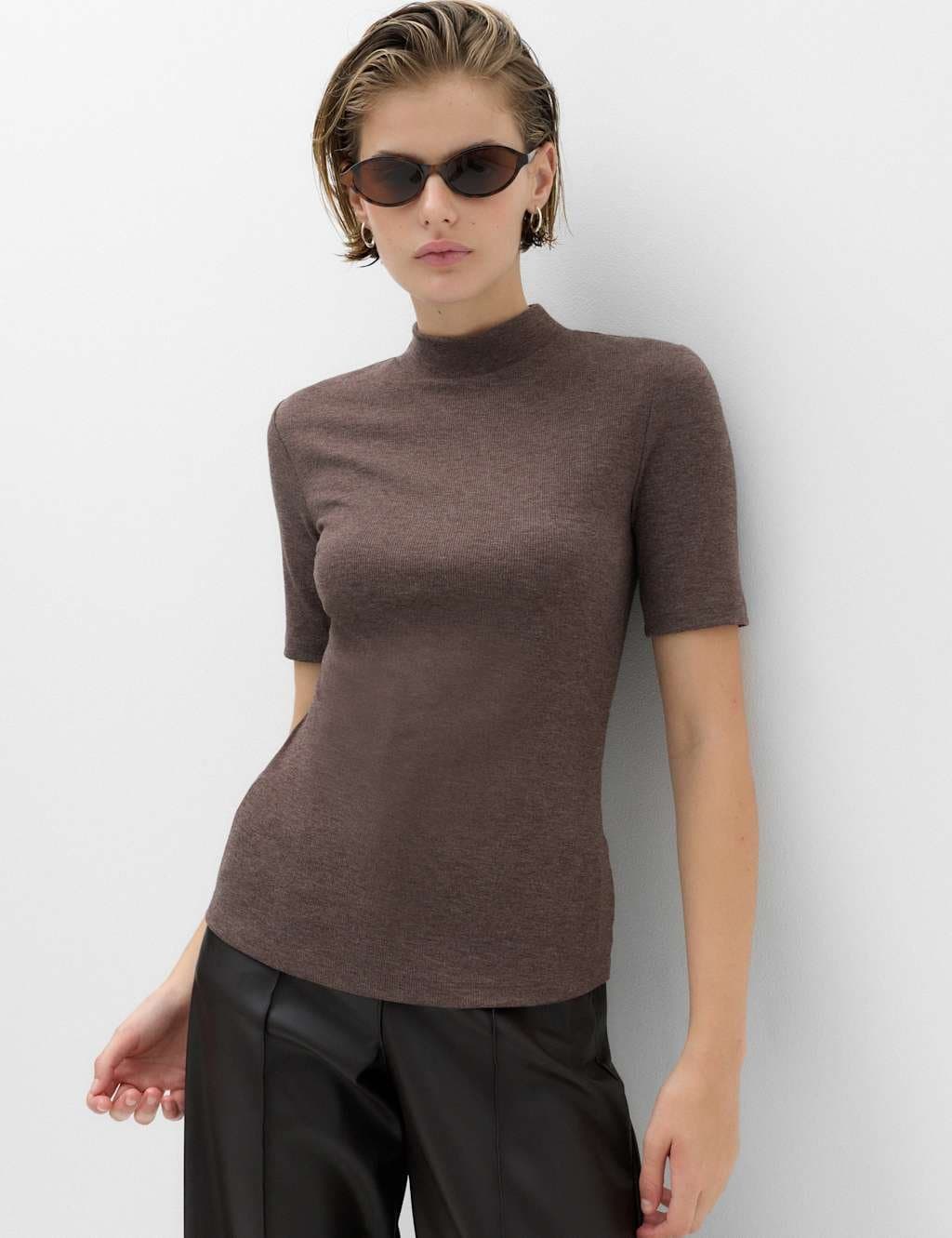 Marks & Spencer M&S Cosy High Neck Half Sleeve T-Shirt Chocolate
