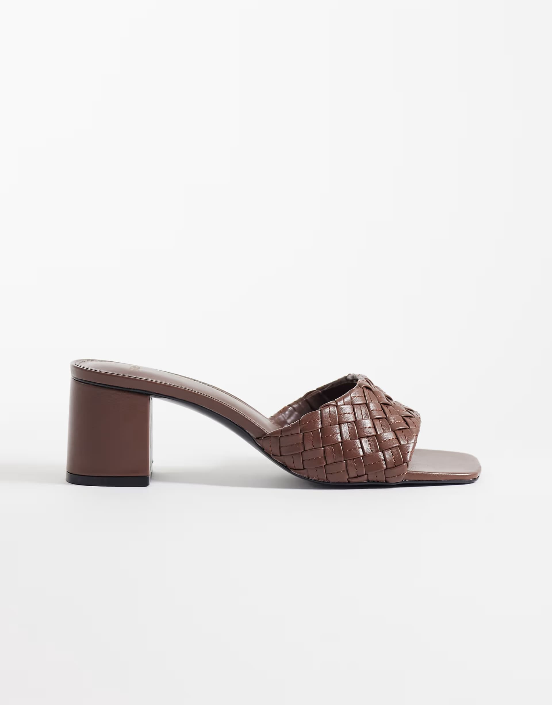 ASOS Mango faux leather braided block heeled mule in brown