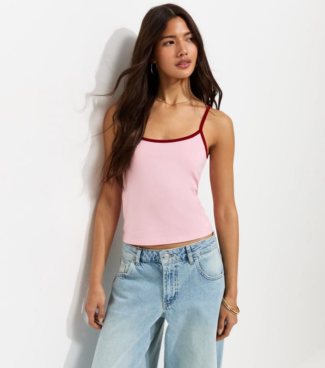 New Look Women's Pink Cotton Rich Contrast Trim Cami Top New Look - 2