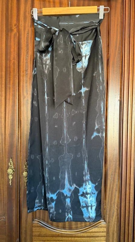 Never Fully Dressed Never Fully Dressed Wrap Midi Skirt UK 8 Blue Black Satin Tie Dye Effect Slip Skirt