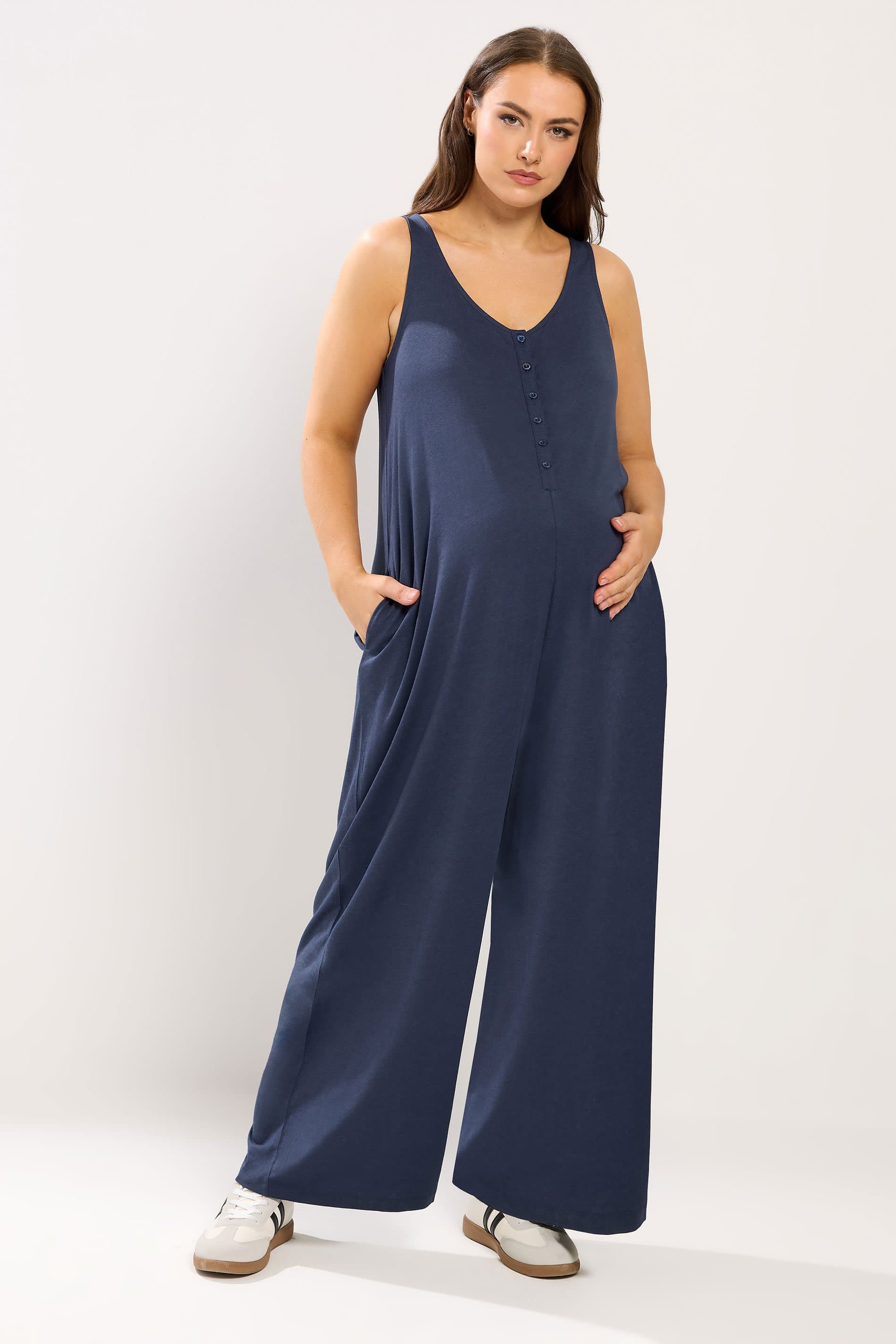 Bump It Up Maternity Plus Size Navy Blue Nursing Jumpsuit